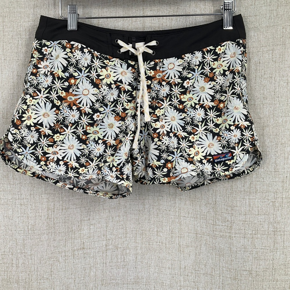 Patagonia Barely Baggies Shorts Women 2 Black Floral Daisy Print Outdoor